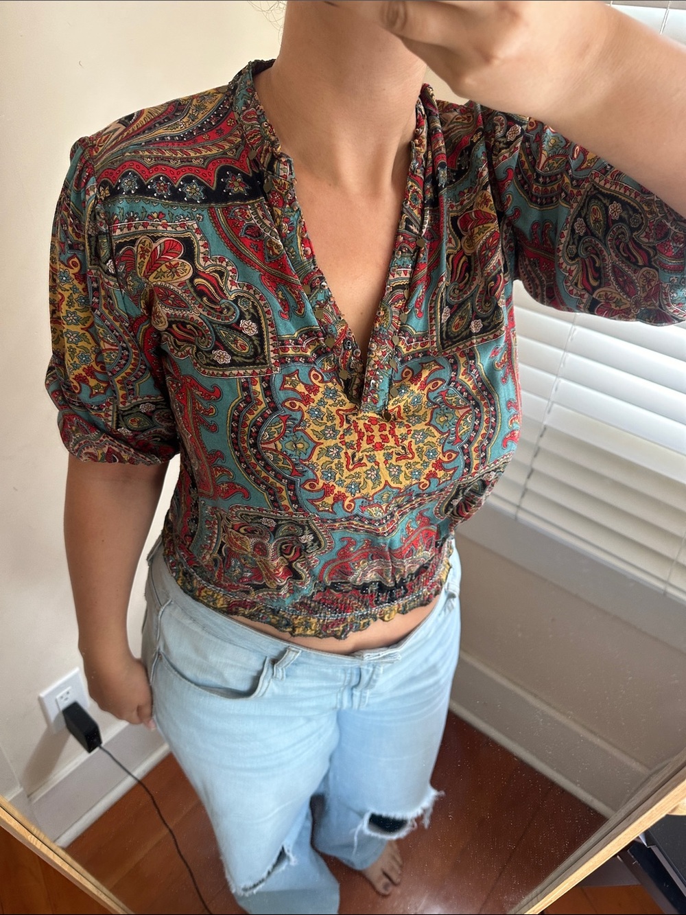 Angie Paisley Print V-Neck Boho Chic Jewel Bead Detail Top Multi Color Teal Red